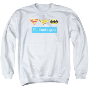 AN OFFCIALLY LICENSED DC HASHTAG JLA ADULT UNISEX CREWNECK SWEATSHIRT WHITE