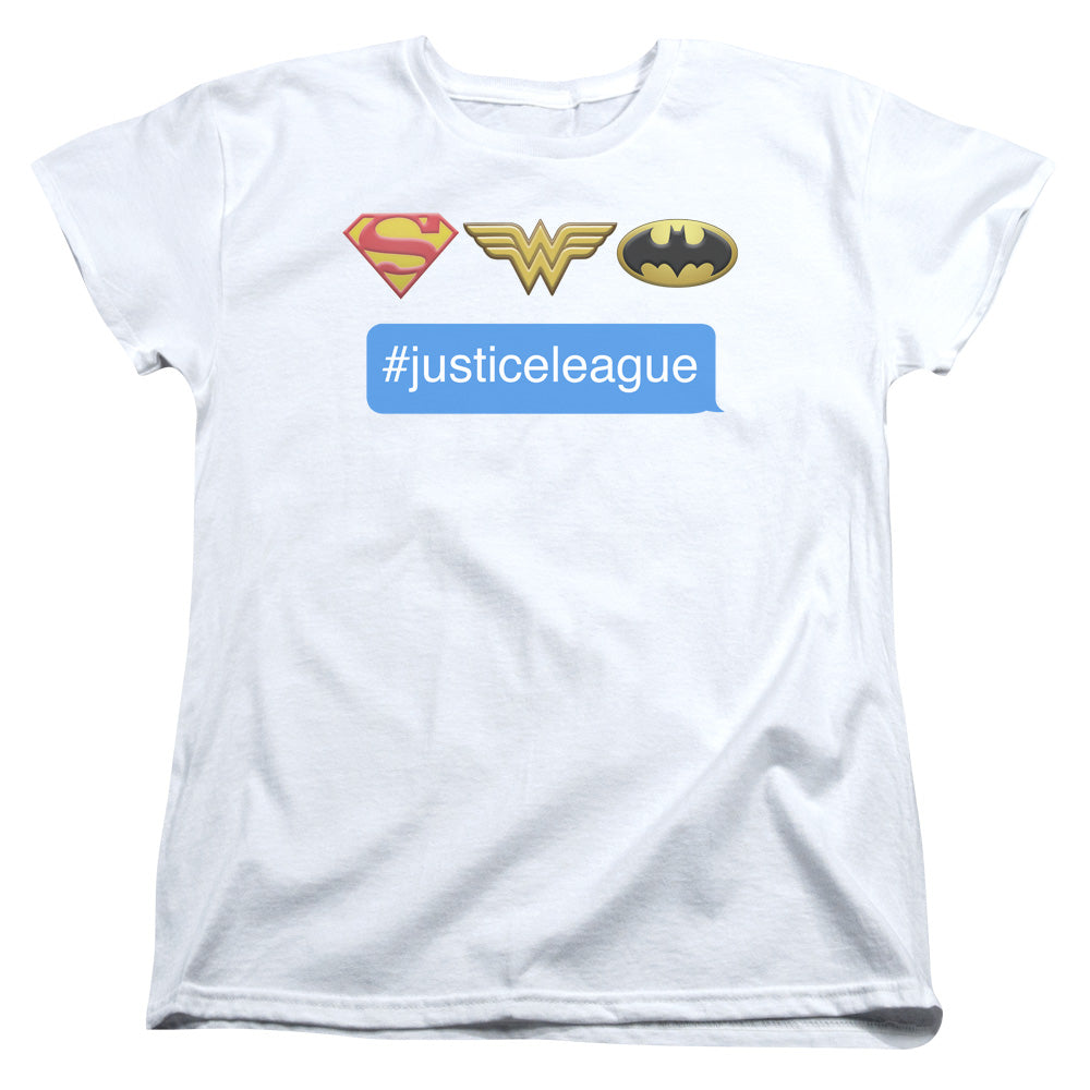 AN OFFCIALLY LICENSED DC HASHTAG JLA WOMEN'S REGULAR FIT T-SHIRT WHITE