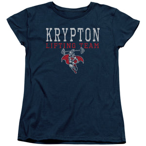 AN OFFCIALLY LICENSED DCO KRPTON LIFTING WOMEN'S REGULAR FIT T-SHIRT NAVY