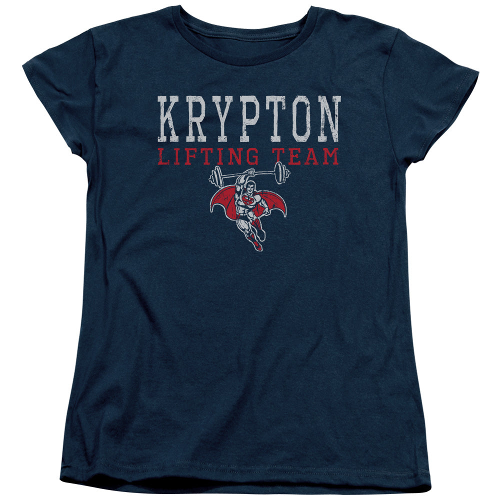 AN OFFCIALLY LICENSED DCO KRPTON LIFTING WOMEN'S REGULAR FIT T-SHIRT NAVY