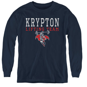 AN OFFCIALLY LICENSED DCO KRPTON LIFTING YOUTH LONG SLEEVE T-SHIRT NAVY
