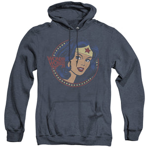 AN OFFCIALLY LICENSED DC WW75 STARBURST PORTRAIT ADULT UNISEX HEATHER PULLOVER HOODIE NAVY