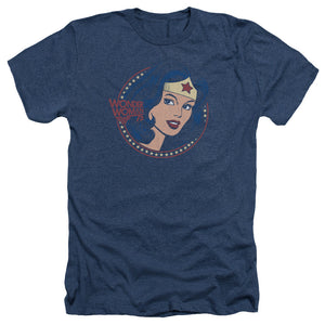 AN OFFCIALLY LICENSED DC WW75 STARBURST PORTRAIT MEN'S HEATHER T-SHIRT NAVY