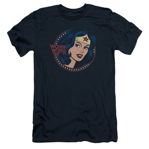 AN OFFCIALLY LICENSED DC WW75 STARBURST PORTRAIT MEN'S PREMIUM SLIM FIT T-SHIRT NAVY