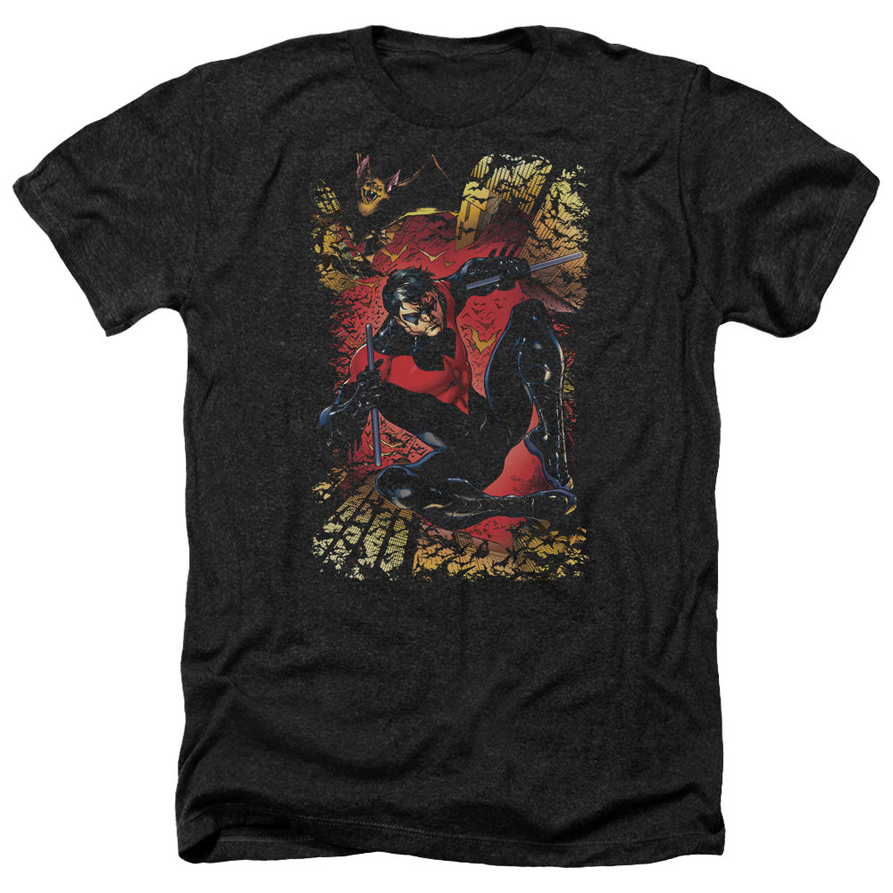 AN OFFCIALLY LICENSED JLA NIGHTWING #1 MEN'S HEATHER T-SHIRT CHARCOAL