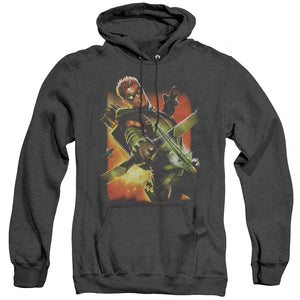 AN OFFCIALLY LICENSED JLA GREEN ARROW #1 ADULT UNISEX HEATHER PULLOVER HOODIE BLACK