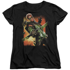 AN OFFCIALLY LICENSED JLA GREEN ARROW #1 WOMEN'S REGULAR FIT T-SHIRT BLACK