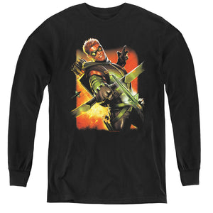 AN OFFCIALLY LICENSED JLA GREEN ARROW #1 YOUTH LONG SLEEVE T-SHIRT BLACK