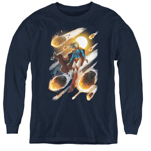 AN OFFCIALLY LICENSED JLA SUPERGIRL #1 YOUTH LONG SLEEVE T-SHIRT NAVY