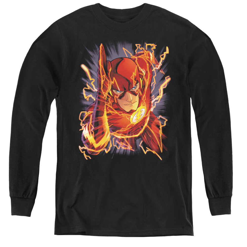 AN OFFCIALLY LICENSED JLA FLASH #1 YOUTH LONG SLEEVE T-SHIRT BLACK