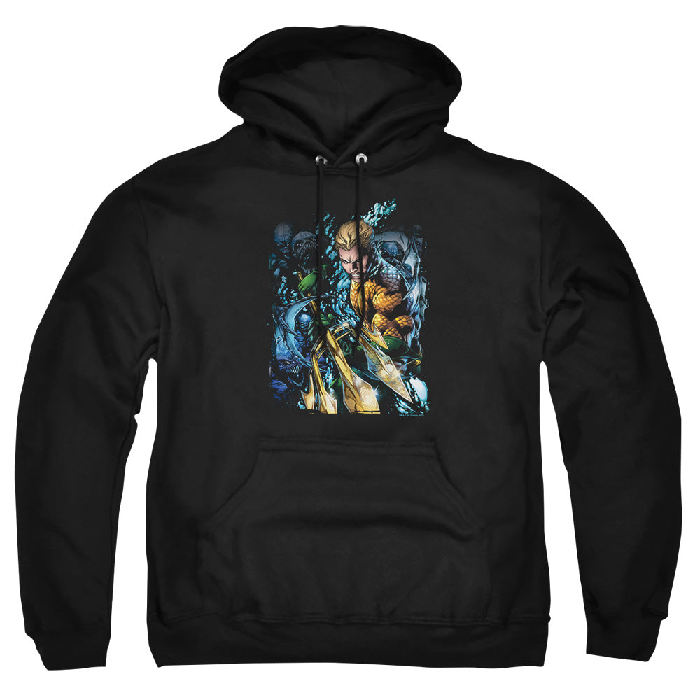 AN OFFCIALLY LICENSED JLA AQUAMAN #1 ADULT UNISEX PULLOVER HOODIE BLACK