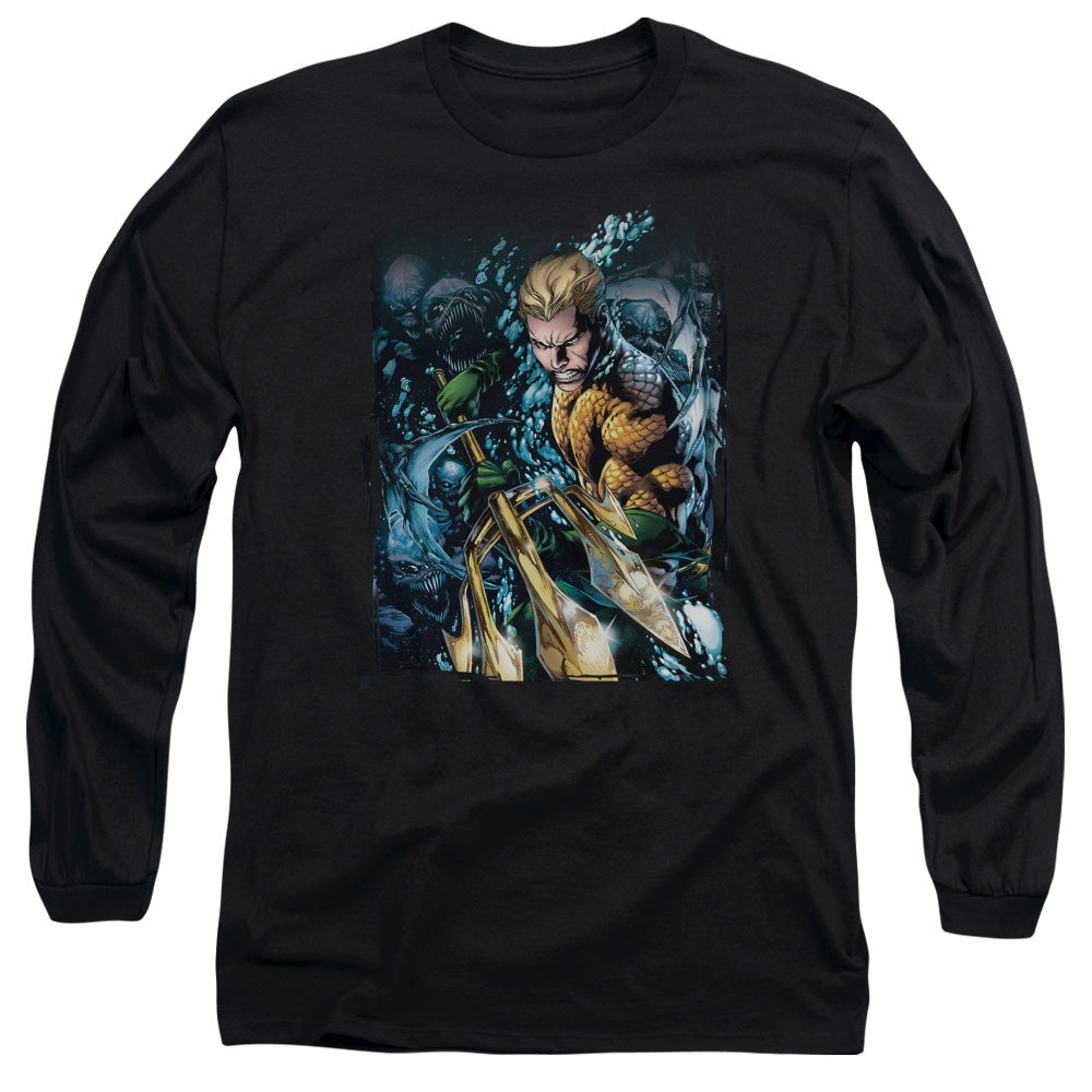 AN OFFCIALLY LICENSED JLA AQUAMAN #1 MEN'S LONG SLEEVE T-SHIRT BLACK