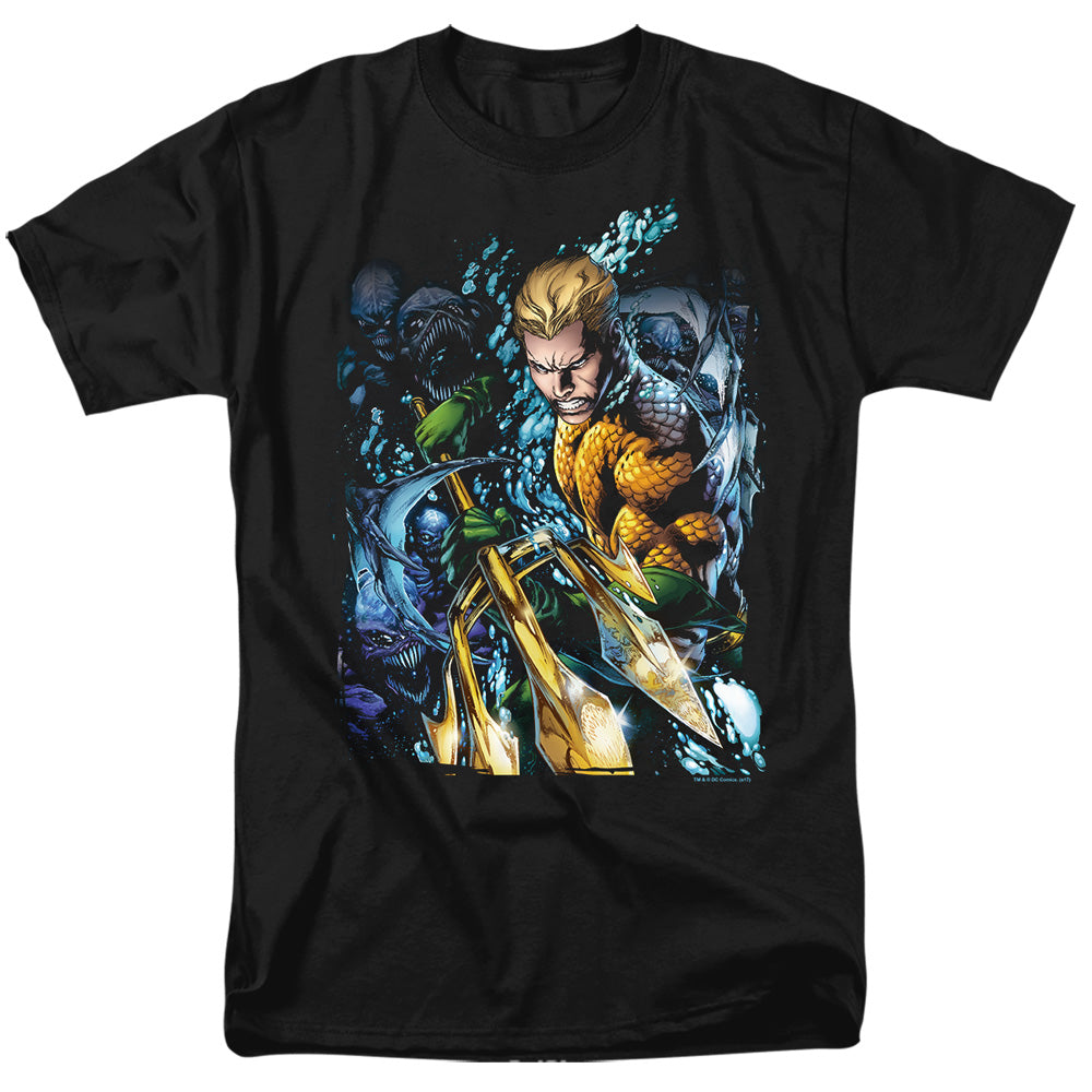 AN OFFCIALLY LICENSED JLA AQUAMAN #1 MEN'S REGULAR FIT T-SHIRT BLACK