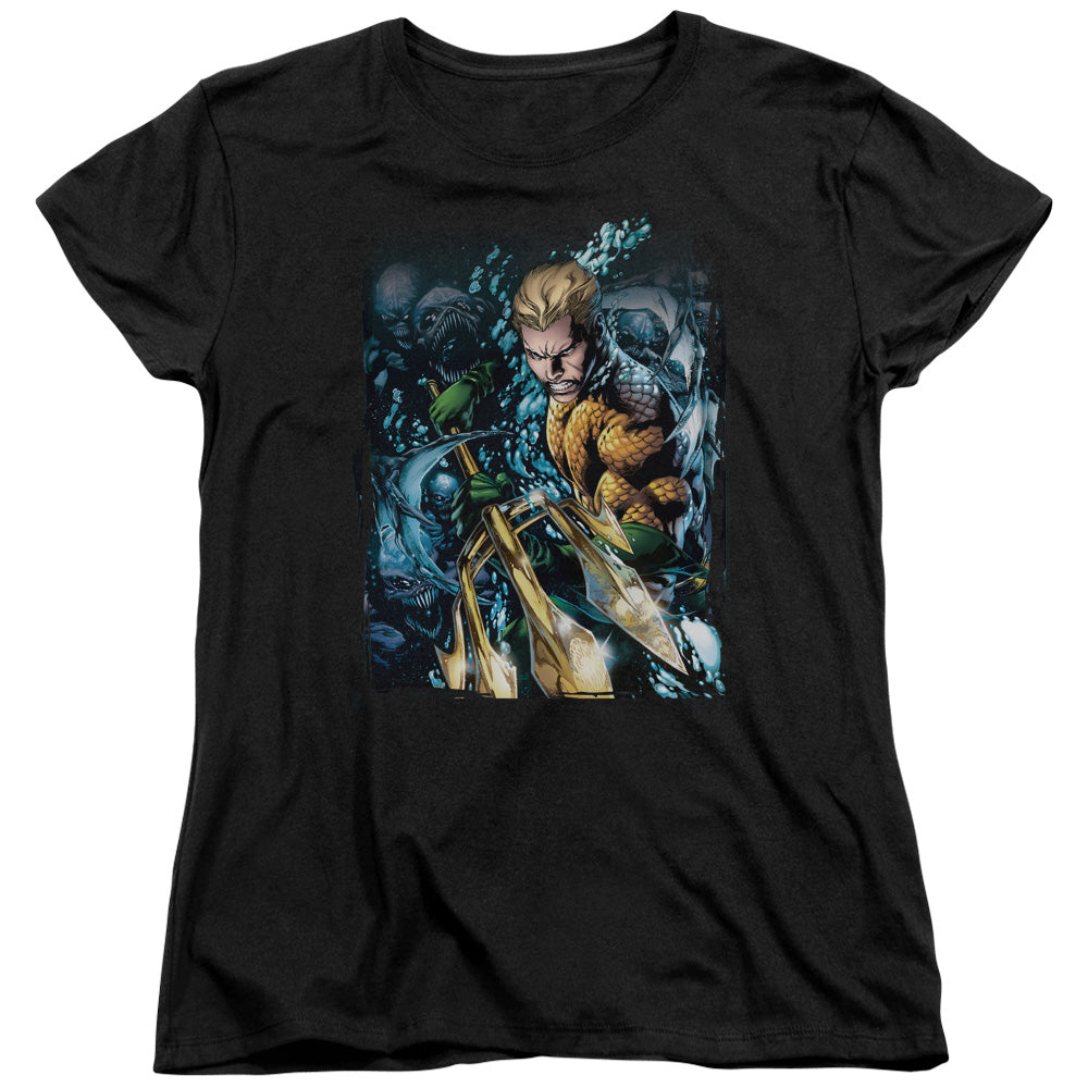 AN OFFCIALLY LICENSED JLA AQUAMAN #1 WOMEN'S REGULAR FIT T-SHIRT BLACK