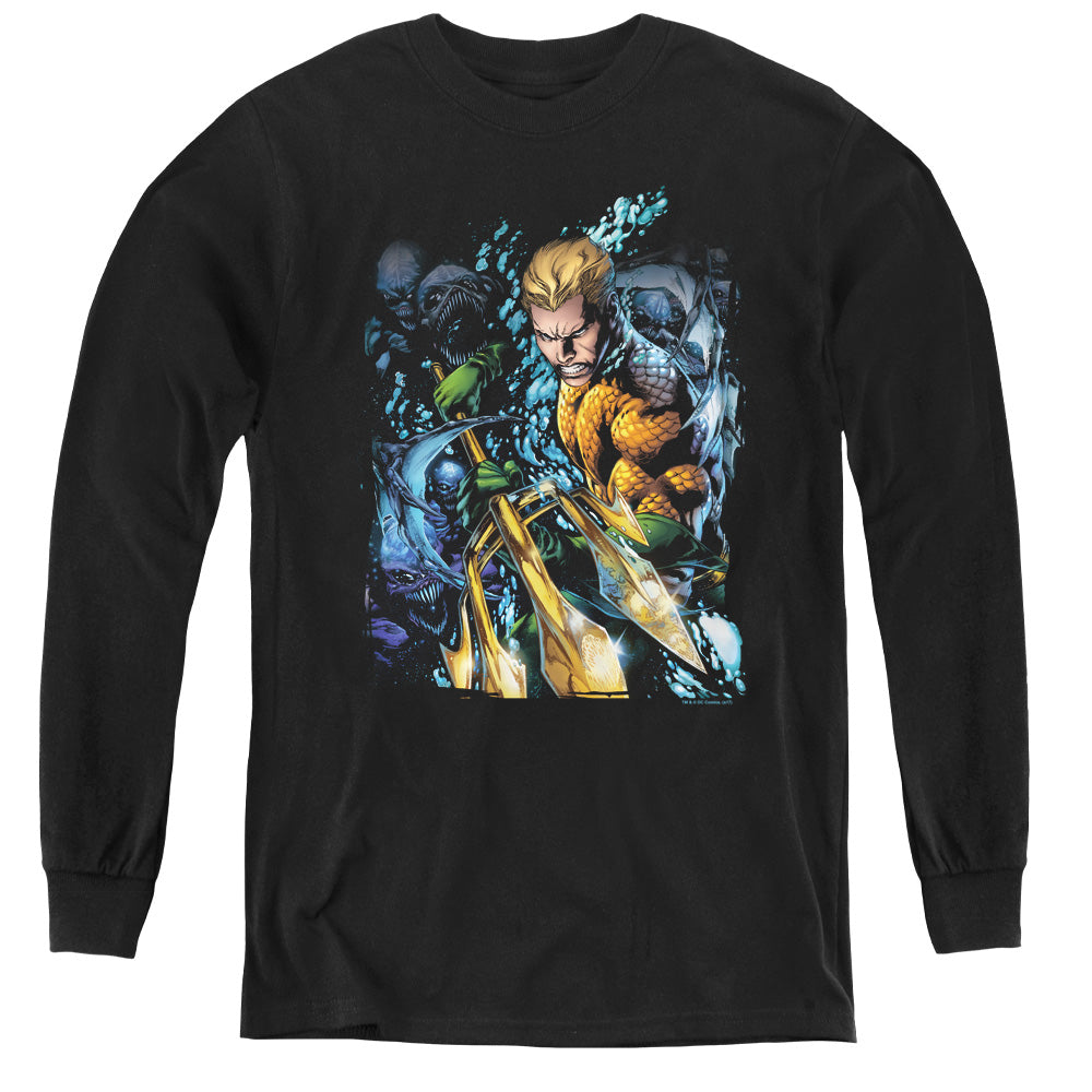 AN OFFCIALLY LICENSED JLA AQUAMAN #1 YOUTH LONG SLEEVE T-SHIRT BLACK