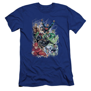 AN OFFCIALLY LICENSED JLA JUSTICE LEAGUE #1 MEN'S PREMIUM SLIM FIT T-SHIRT ROYAL
