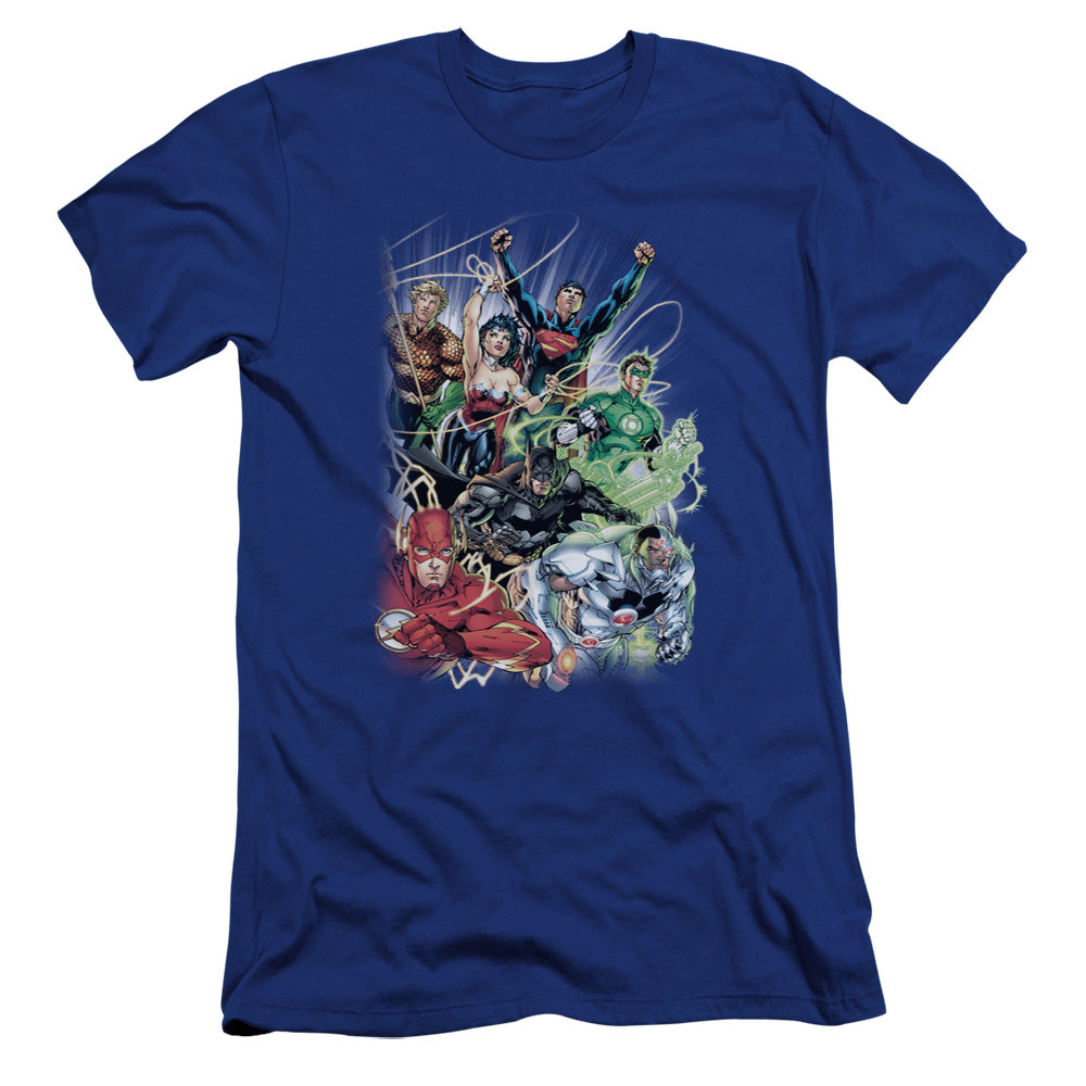 AN OFFCIALLY LICENSED JLA JUSTICE LEAGUE #1 MEN'S PREMIUM SLIM FIT T-SHIRT ROYAL