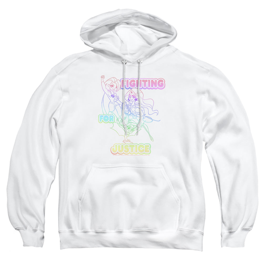 AN OFFCIALLY LICENSED DC SUPERHERO GIRLS FIGHTING FOR JUSTICE ADULT UNISEX PULLOVER HOODIE WHITE