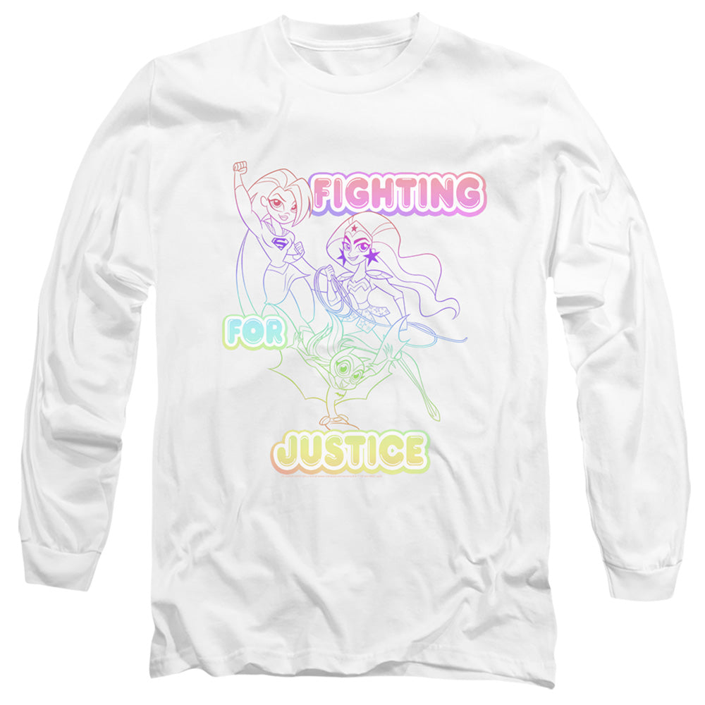 AN OFFCIALLY LICENSED DC SUPERHERO GIRLS FIGHTING FOR JUSTICE MEN'S LONG SLEEVE T-SHIRT WHITE