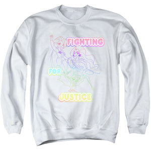 AN OFFCIALLY LICENSED DC SUPERHERO GIRLS FIGHTING FOR JUSTICE ADULT UNISEX CREWNECK SWEATSHIRT WHITE