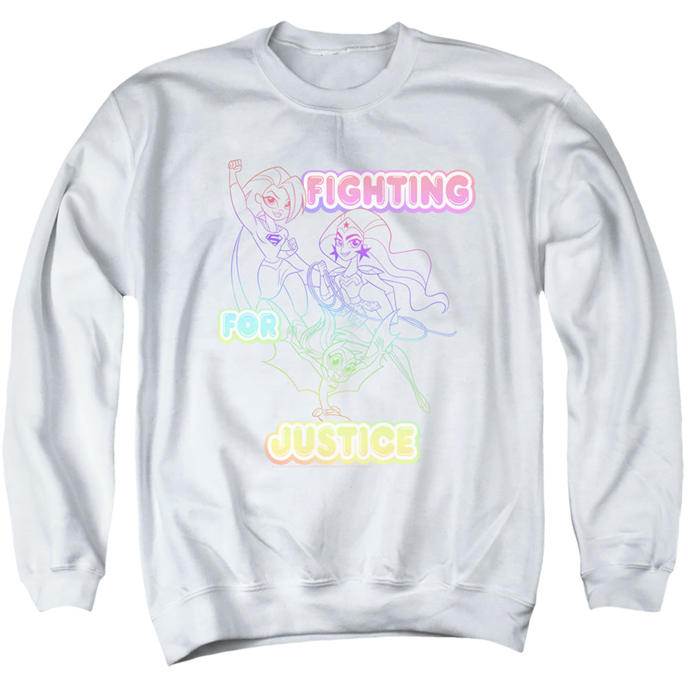 AN OFFCIALLY LICENSED DC SUPERHERO GIRLS FIGHTING FOR JUSTICE ADULT UNISEX CREWNECK SWEATSHIRT WHITE