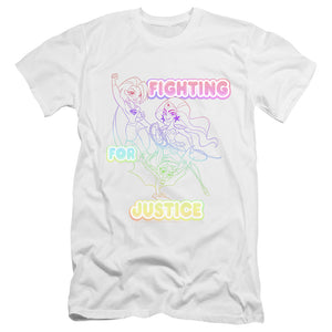 AN OFFCIALLY LICENSED DC SUPERHERO GIRLS FIGHTING FOR JUSTICE MEN'S PREMIUM SLIM FIT T-SHIRT WHITE