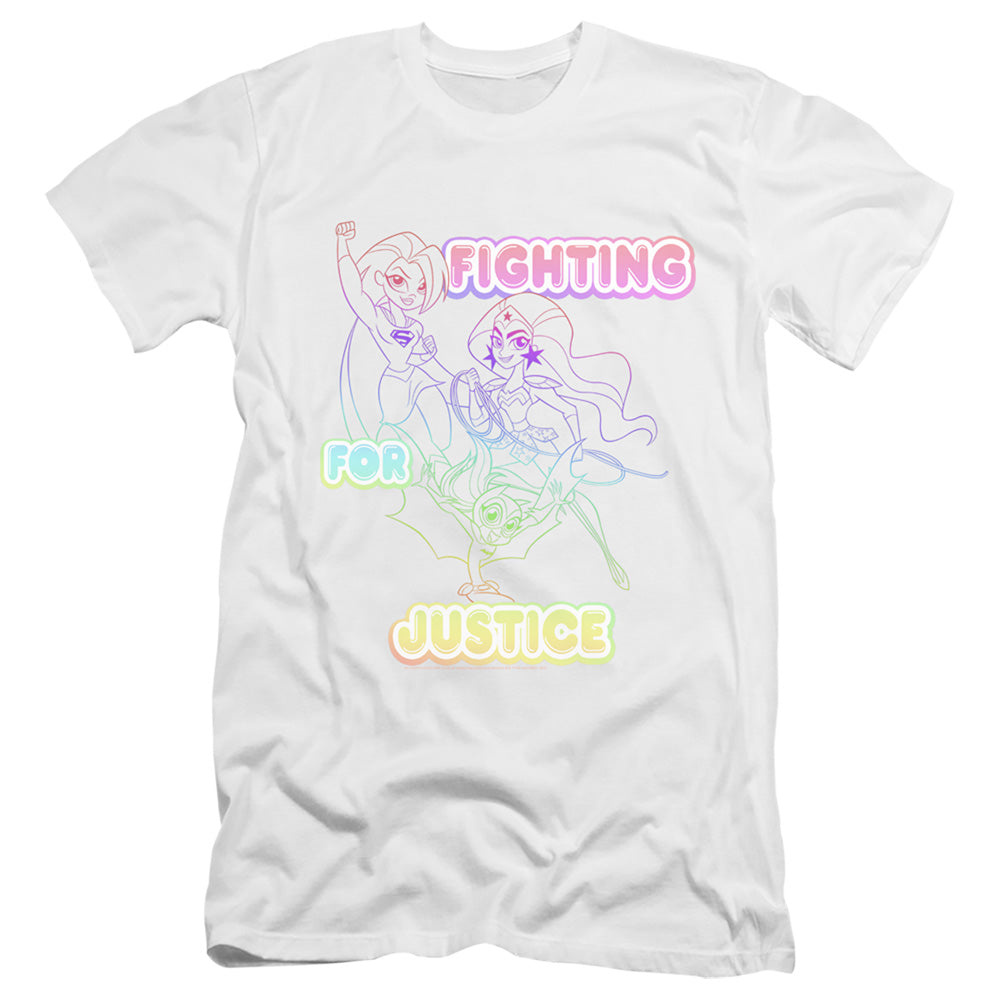 AN OFFCIALLY LICENSED DC SUPERHERO GIRLS FIGHTING FOR JUSTICE MEN'S PREMIUM SLIM FIT T-SHIRT WHITE