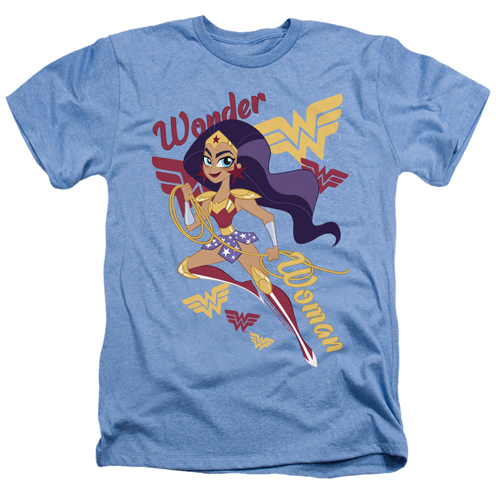 AN OFFCIALLY LICENSED DC SUPERHERO GIRLS WONDER WOMAN MEN'S HEATHER T-SHIRT LIGHT BLUE