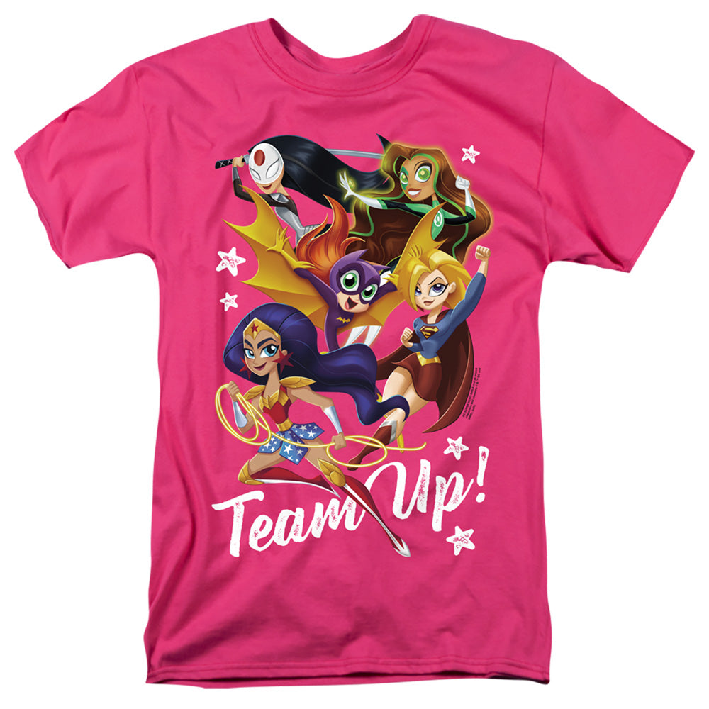 AN OFFCIALLY LICENSED DC SUPERHERO GIRLS TEAM UP MEN'S REGULAR FIT T-SHIRT HOT PINK