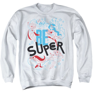 AN OFFCIALLY LICENSED DC SUPERHERO GIRLS BE SUPER ADULT UNISEX CREWNECK SWEATSHIRT WHITE