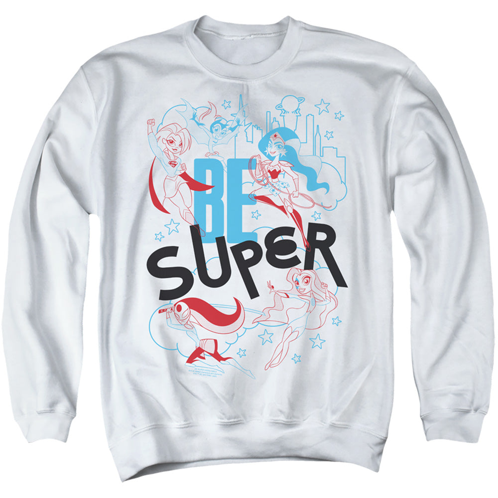AN OFFCIALLY LICENSED DC SUPERHERO GIRLS BE SUPER ADULT UNISEX CREWNECK SWEATSHIRT WHITE