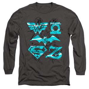 AN OFFCIALLY LICENSED DC SUPERHERO GIRLS LINE ART GROUP MEN'S LONG SLEEVE T-SHIRT CHARCOAL