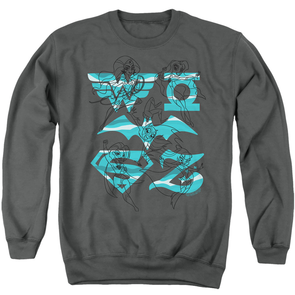 AN OFFCIALLY LICENSED DC SUPERHERO GIRLS LINE ART GROUP ADULT UNISEX CREWNECK SWEATSHIRT CHARCOAL