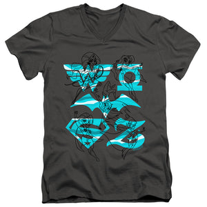 AN OFFCIALLY LICENSED DC SUPERHERO GIRLS LINE ART GROUP MEN'S V-NECK T-SHIRT CHARCOAL