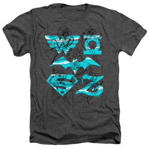 AN OFFCIALLY LICENSED DC SUPERHERO GIRLS LINE ART GROUP MEN'S HEATHER T-SHIRT CHARCOAL