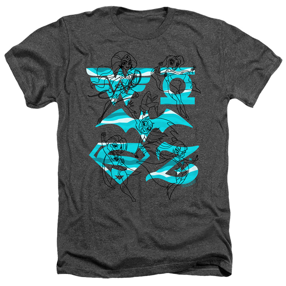 AN OFFCIALLY LICENSED DC SUPERHERO GIRLS LINE ART GROUP MEN'S HEATHER T-SHIRT CHARCOAL