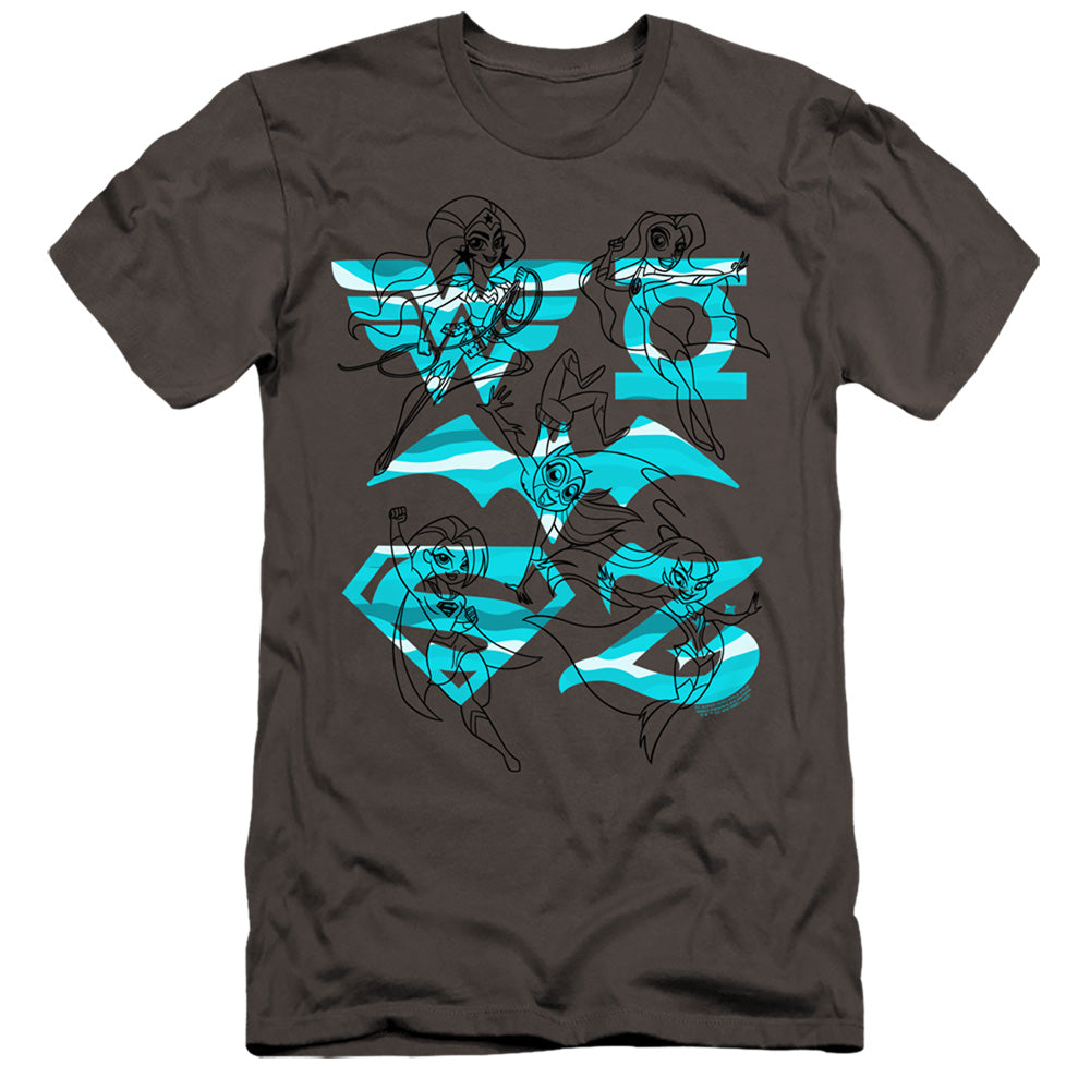 AN OFFCIALLY LICENSED DC SUPERHERO GIRLS LINE ART GROUP MEN'S PREMIUM SLIM FIT T-SHIRT CHARCOAL