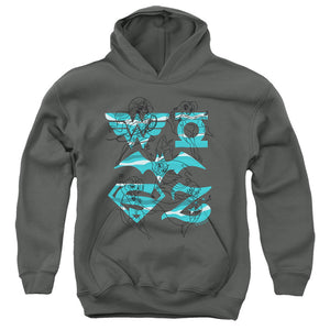 AN OFFCIALLY LICENSED DC SUPERHERO GIRLS LINE ART GROUP YOUTH HOODIE CHARCOAL