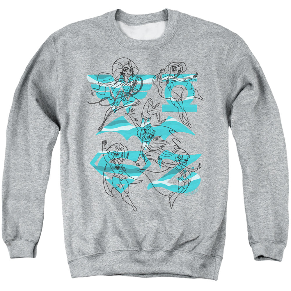 AN OFFCIALLY LICENSED DC SUPERHERO GIRLS LINE ART GROUP ADULT UNISEX CREWNECK SWEATSHIRT ATHLETIC HEATHER