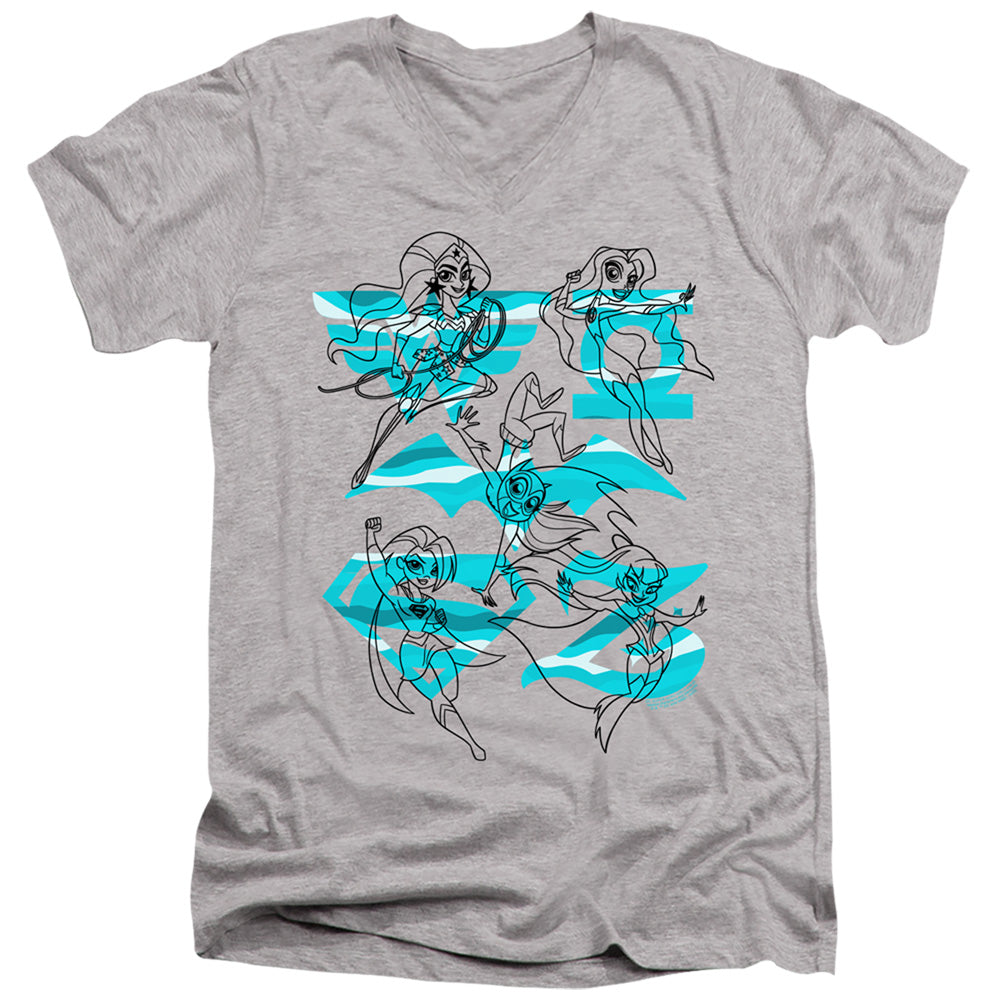AN OFFCIALLY LICENSED DC SUPERHERO GIRLS LINE ART GROUP MEN'S V-NECK T-SHIRT ATHLETIC HEATHER