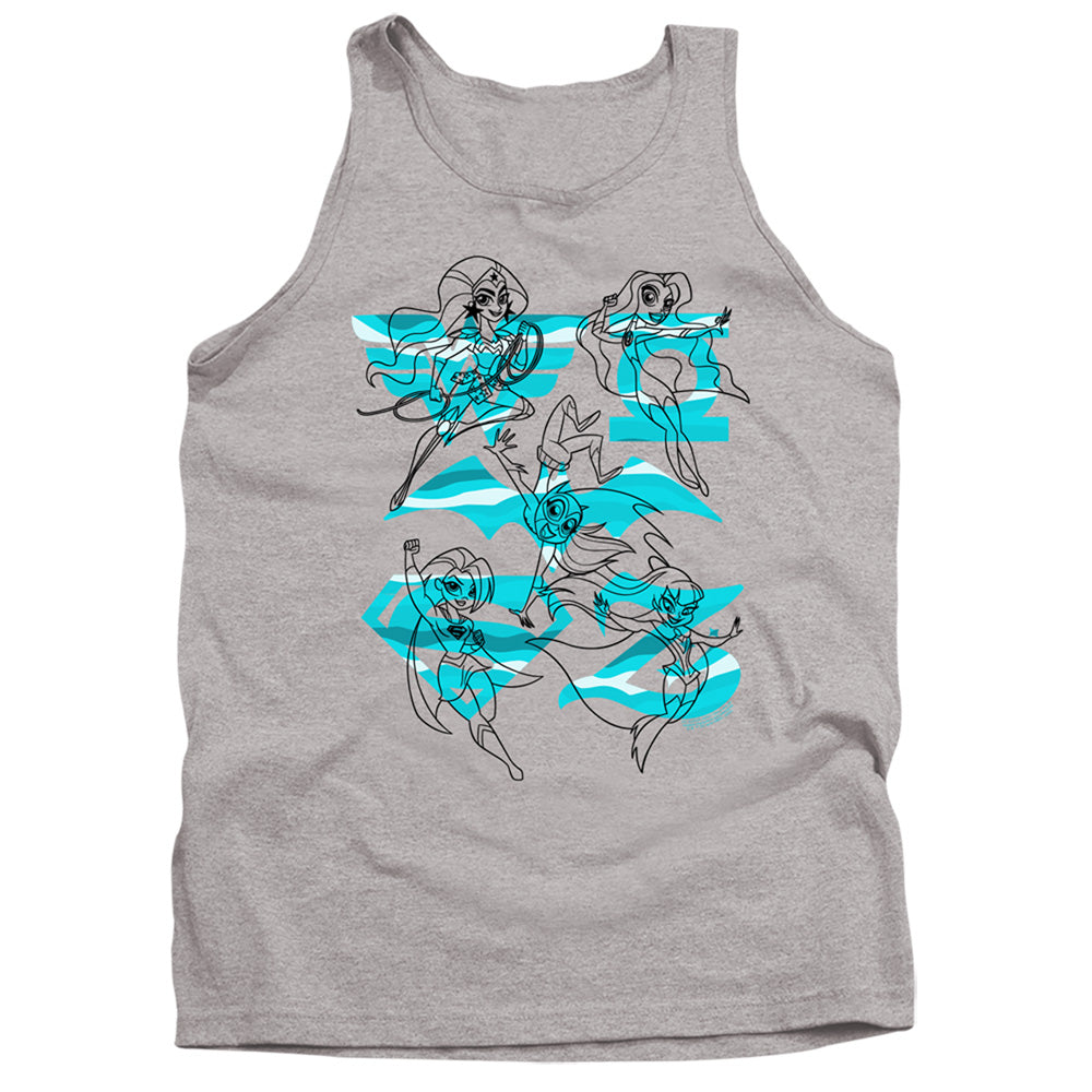 AN OFFCIALLY LICENSED DC SUPERHERO GIRLS LINE ART GROUP ADULT UNISEX TANK TOP ATHLETIC HEATHER