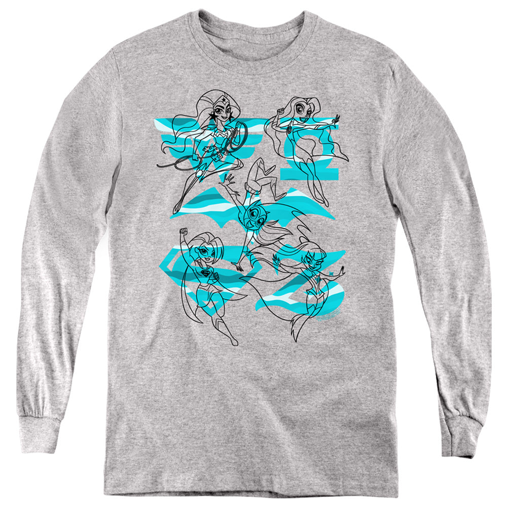 AN OFFCIALLY LICENSED DC SUPERHERO GIRLS LINE ART GROUP YOUTH LONG SLEEVE T-SHIRT ATHLETIC HEATHER