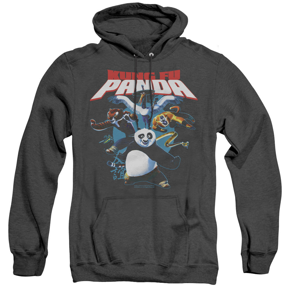 AN OFFCIALLY LICENSED KUNG FU PANDA KUNG FU GROUP ADULT UNISEX HEATHER PULLOVER HOODIE BLACK