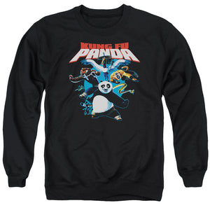 AN OFFCIALLY LICENSED KUNG FU PANDA KUNG FU GROUP ADULT UNISEX CREWNECK SWEATSHIRT BLACK