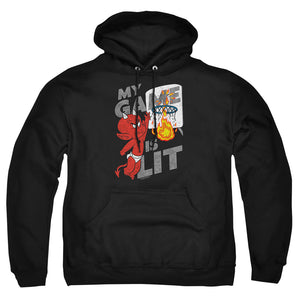 AN OFFCIALLY LICENSED HOT STUFF GAME IS LIT ADULT UNISEX PULLOVER HOODIE BLACK