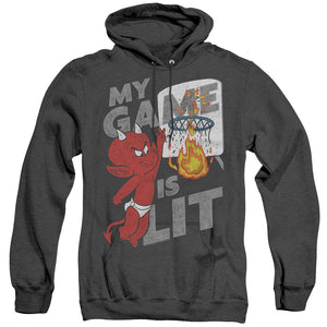 AN OFFCIALLY LICENSED HOT STUFF GAME IS LIT ADULT UNISEX HEATHER PULLOVER HOODIE BLACK