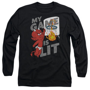 AN OFFCIALLY LICENSED HOT STUFF GAME IS LIT MEN'S LONG SLEEVE T-SHIRT BLACK