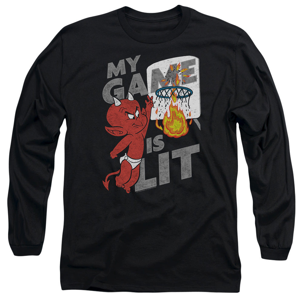 AN OFFCIALLY LICENSED HOT STUFF GAME IS LIT MEN'S LONG SLEEVE T-SHIRT BLACK
