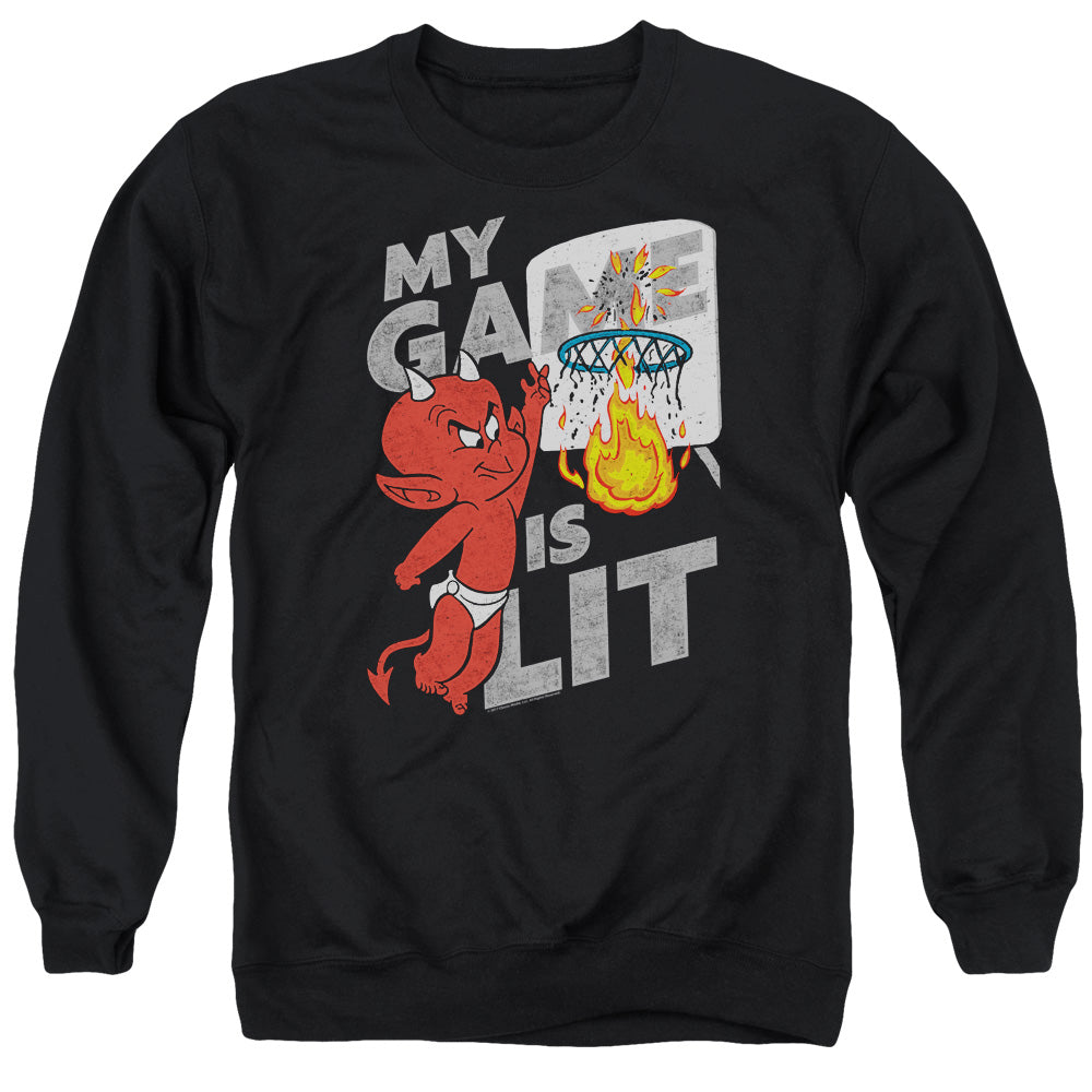 AN OFFCIALLY LICENSED HOT STUFF GAME IS LIT ADULT UNISEX CREWNECK SWEATSHIRT BLACK