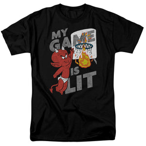 AN OFFCIALLY LICENSED HOT STUFF GAME IS LIT MEN'S REGULAR FIT T-SHIRT BLACK